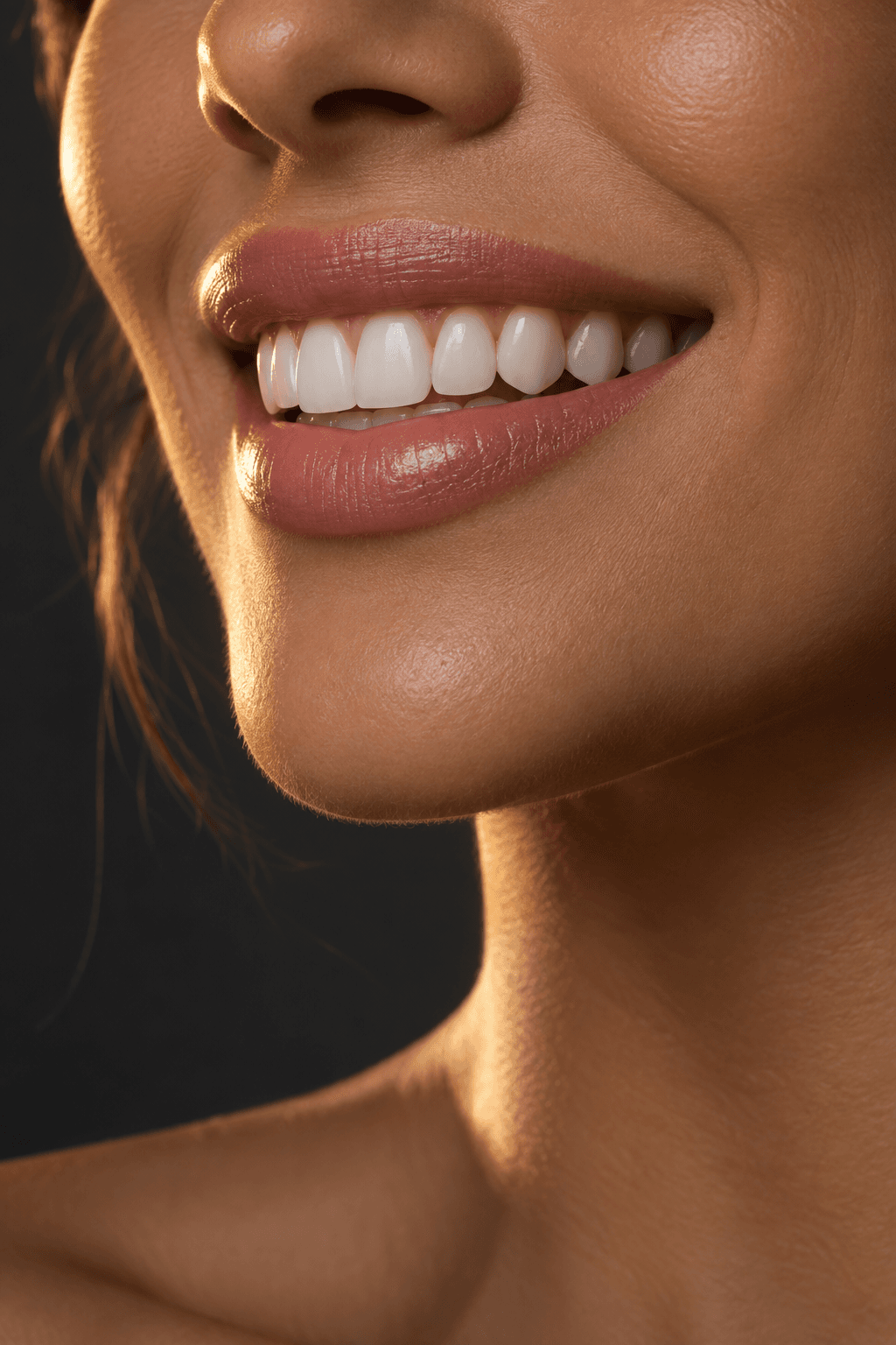 Close-up de um sorriso com lentes dentais em uma fotografia editorial premium